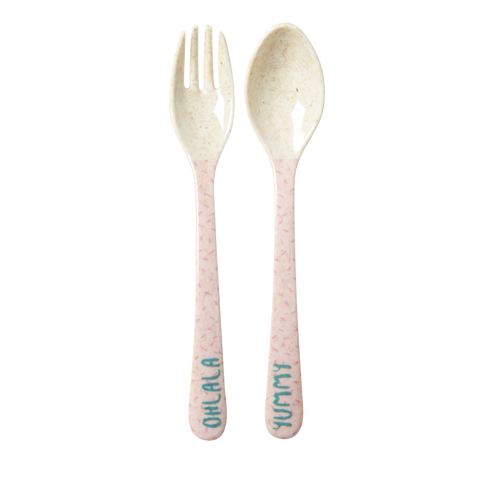 RICE / Kids Bamboo Melamine Spoon and Fork with Girls cooking print