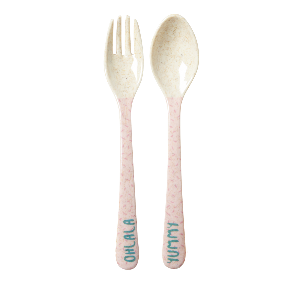 RICE / Kids Bamboo Melamine Spoon and Fork with Girls cooking print
