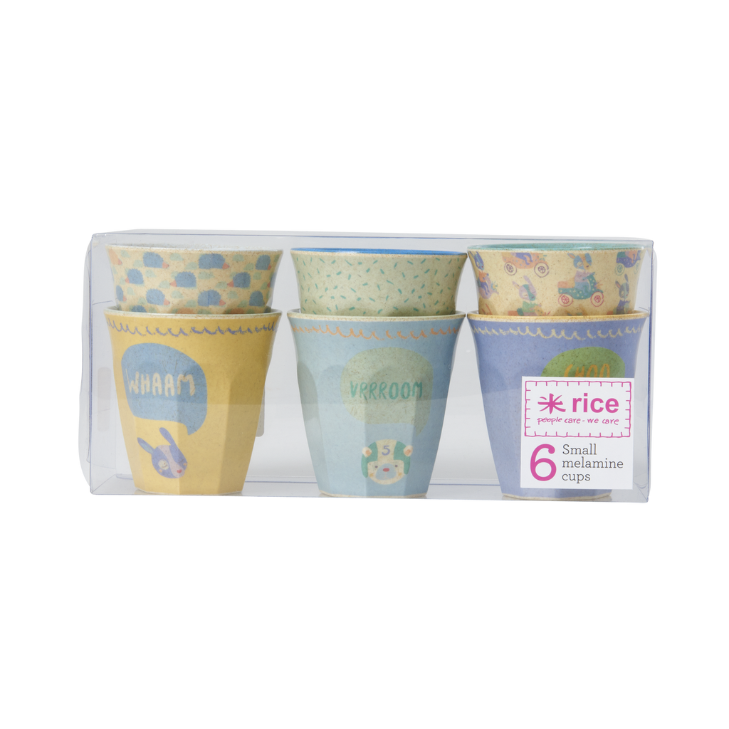 RICE / Box 6 small Bamboo Melamine Cups in Boys racing prints